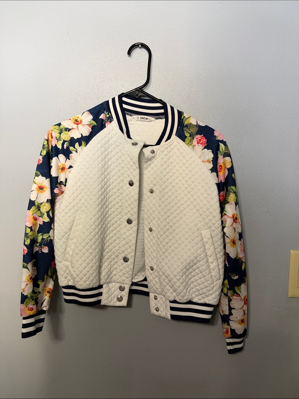 SHEIN Cream Quilted Bomber Jacket with Navy Floral Sleeves